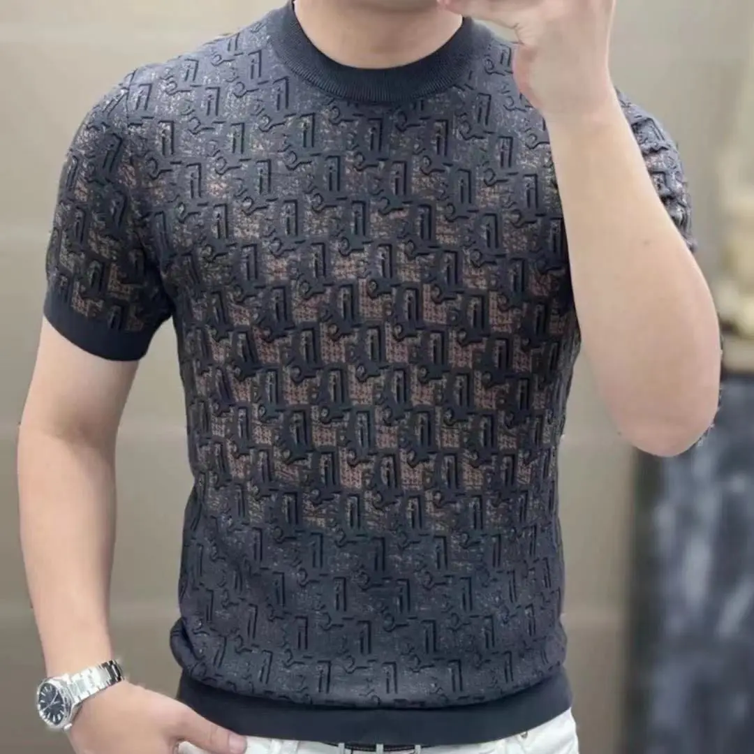 Men's half-sleeved T-shirt fashion summer trend handsome  short-sleeved jacquard knitted sweater new wasteland style