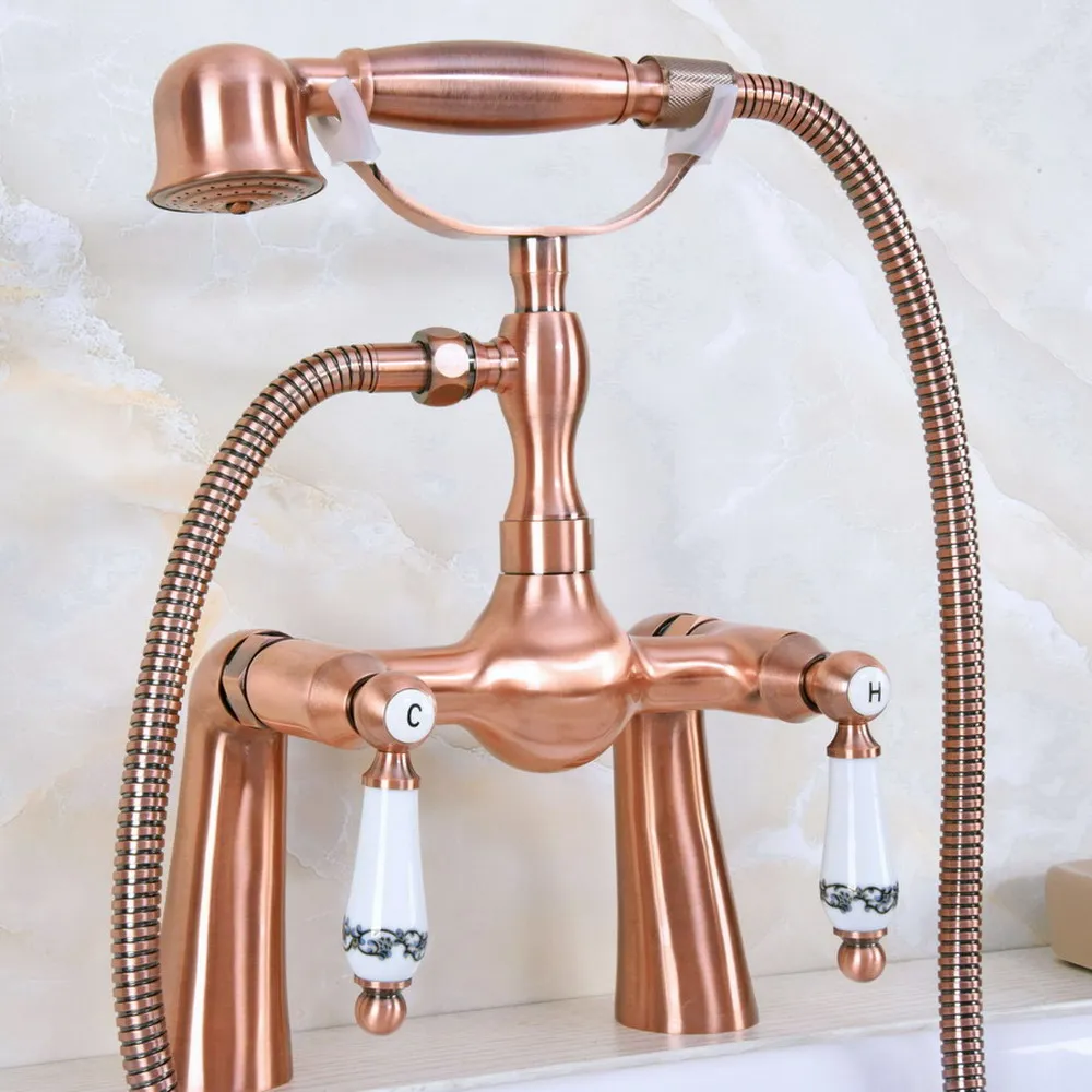 

Antique Red Copper Double Handle Deck Mounted Bathroom Bath Tub Faucet Set with 1500MM Hand Held Shower Spray Mixer Tap 2na171