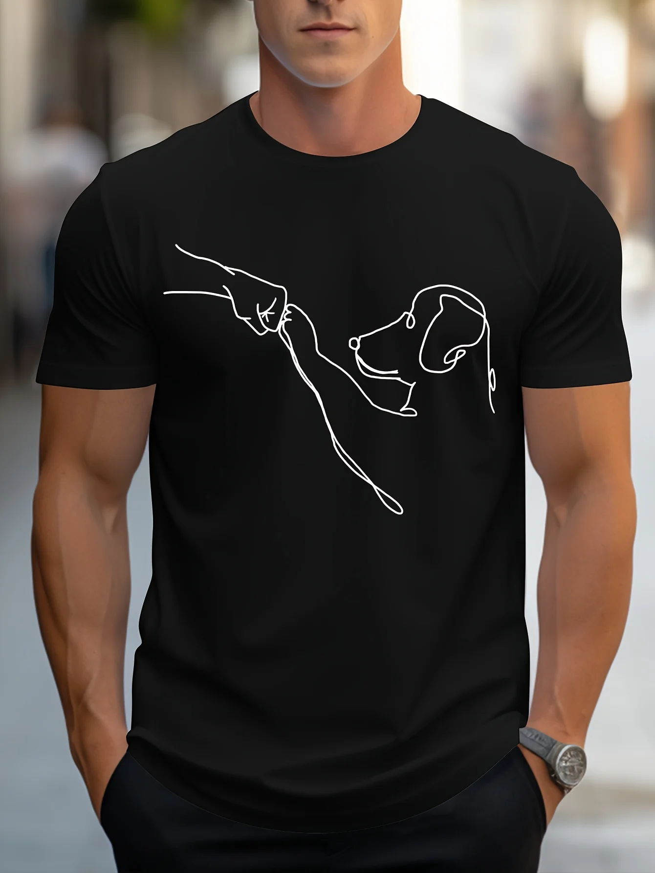 Men's Line Art Dog Print T-Shirt: Poop Scooper Exclusive! Super Cute Hand-Drawn Puppy Sketch, Minimalist Pet Interaction Design – Adorable Paw Print & Leash Graphic Tee