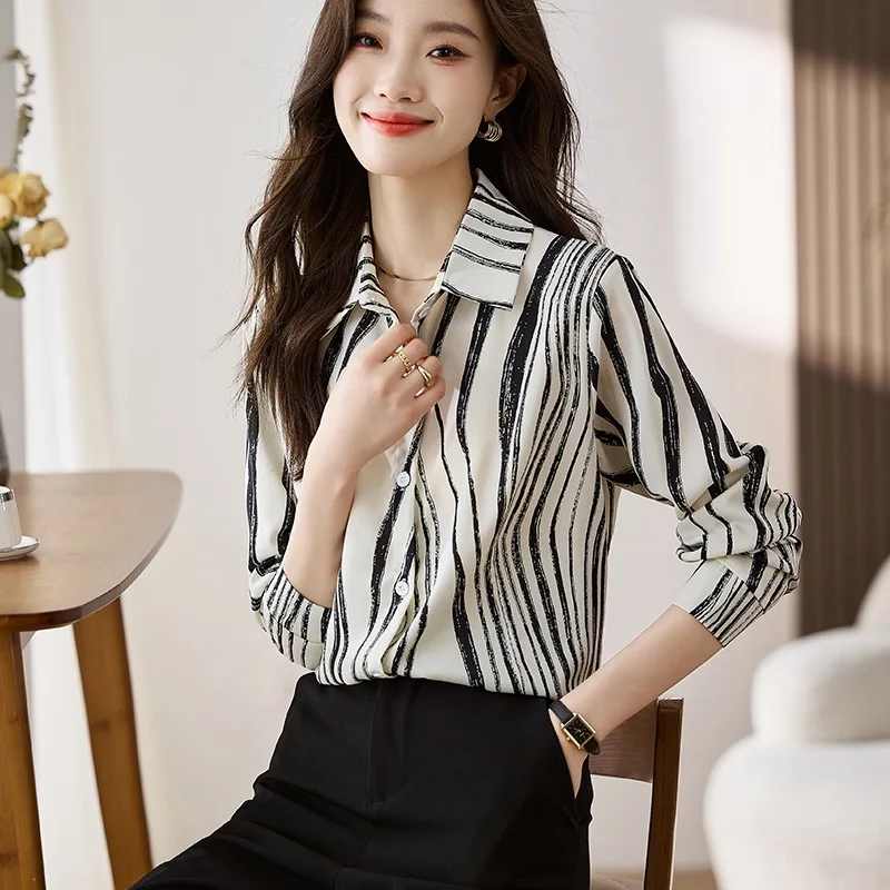 

Slimming Fashionable Spring Autumn Women's Collared Contrast Color Chiffon Top Open Cardigan Shirt Base Layer European Stripe