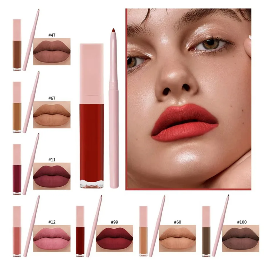 Private Label Vegan Makeup Wholesale 2in1 Lip Set Matte Waterproof Non Transfer Lip Gloss Lip Liner Custom Logo Lipgloss