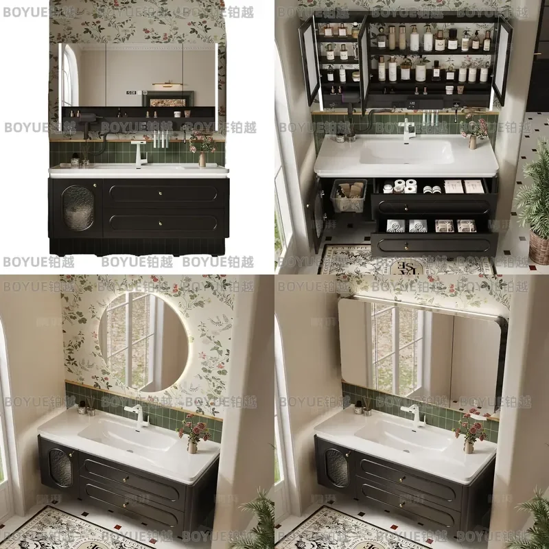 French Style Smart Oak Bathroom Vanity with Ceramic Integrated Sink Modern Wall Mounted Washbasin Cabinet Combo for Home