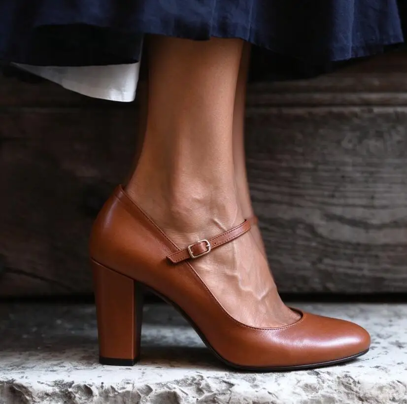 Vintage Yellow Brown Leather Chunky High Heels Mary Janes Pumps Small Round Toe Ankle Strap Buckle Woman Slip On Banquet Shoes