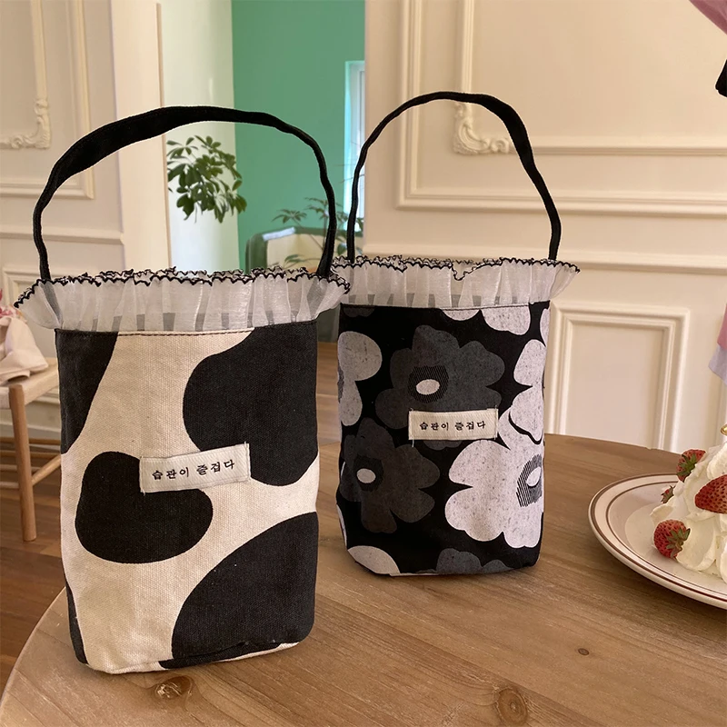 Bolsa de lona de renda estilo coreano para mulheres, bolsa de balde de temperamento doce, piquenique portátil para meninas, lancheira para estudantes