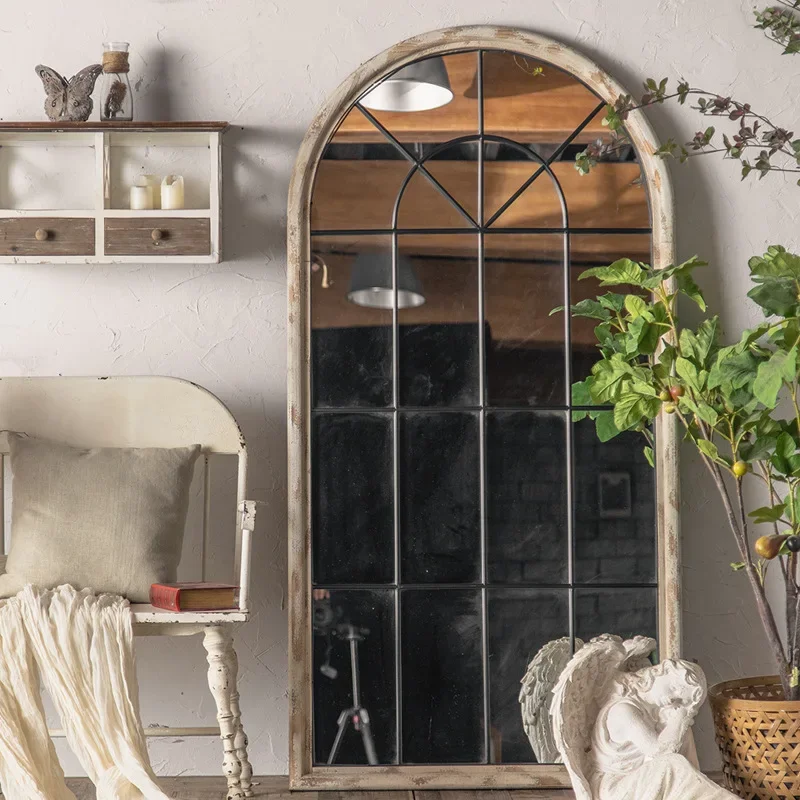 American Wooden Vintage Floor-to-Ceiling Arch Full Body Mirror with Frame Wall-Facing Fitting Mirror Home Wall Mounted
