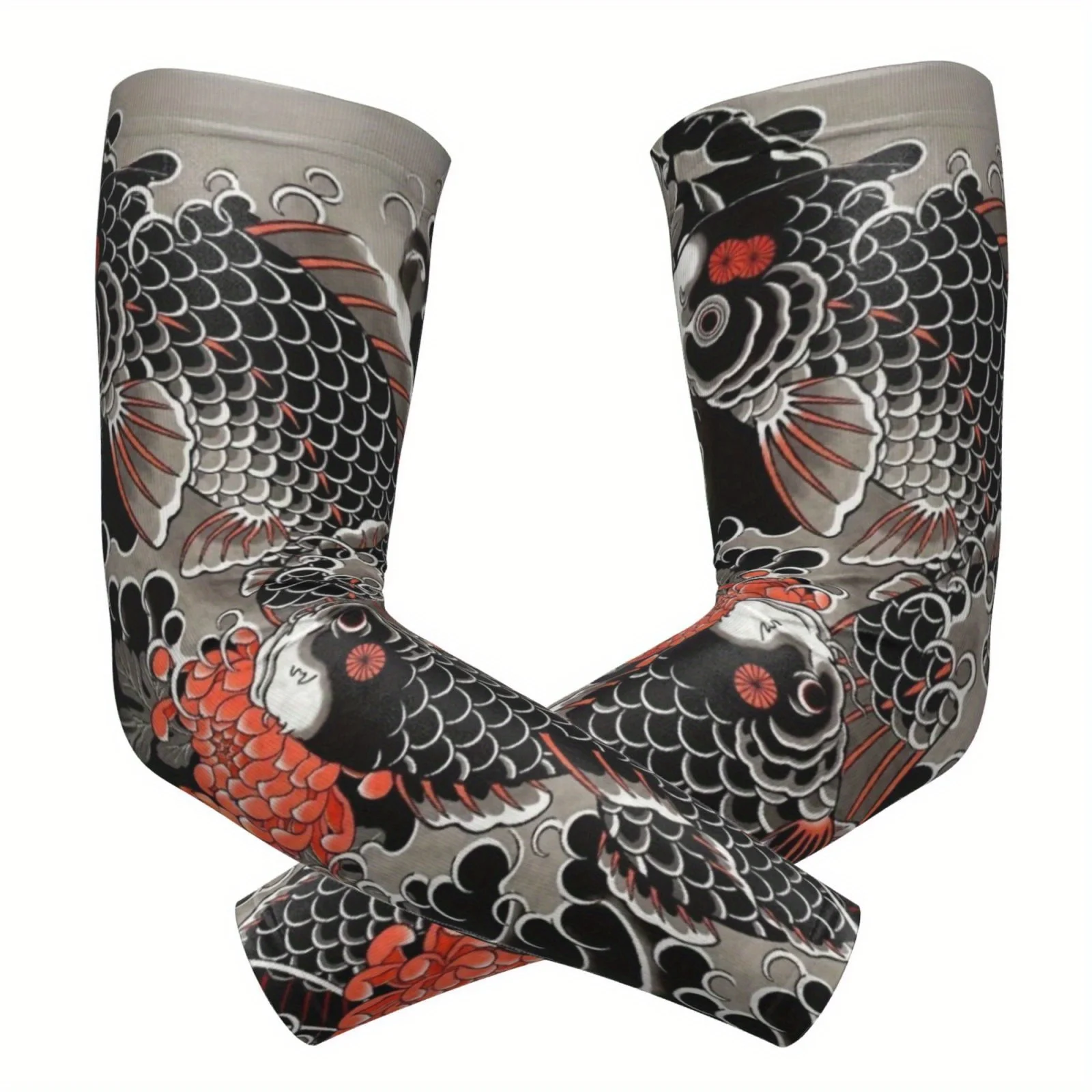 伝統的なタトゥー模様が融合したアームスリーブ、赤い菊の中に遊ぶ黒鯉、トレンディなデザイン