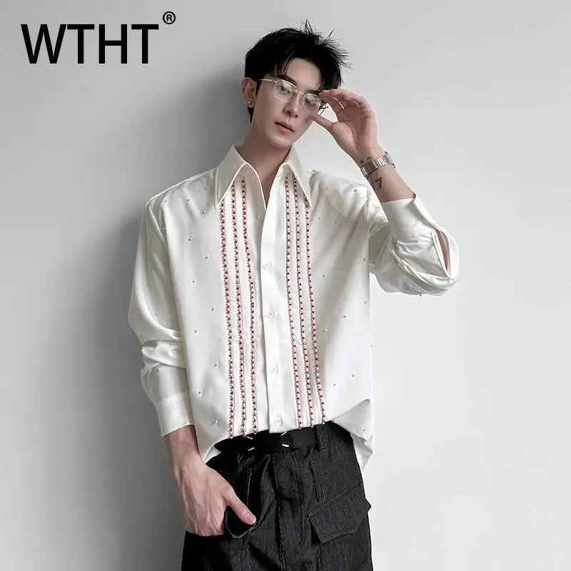 

WTHT Trendy Men's Heavy Industy Contrast Color Beads Design Shirt Fashion Lapel Long Single Breasted Top Male 2026 Summer 2A3029