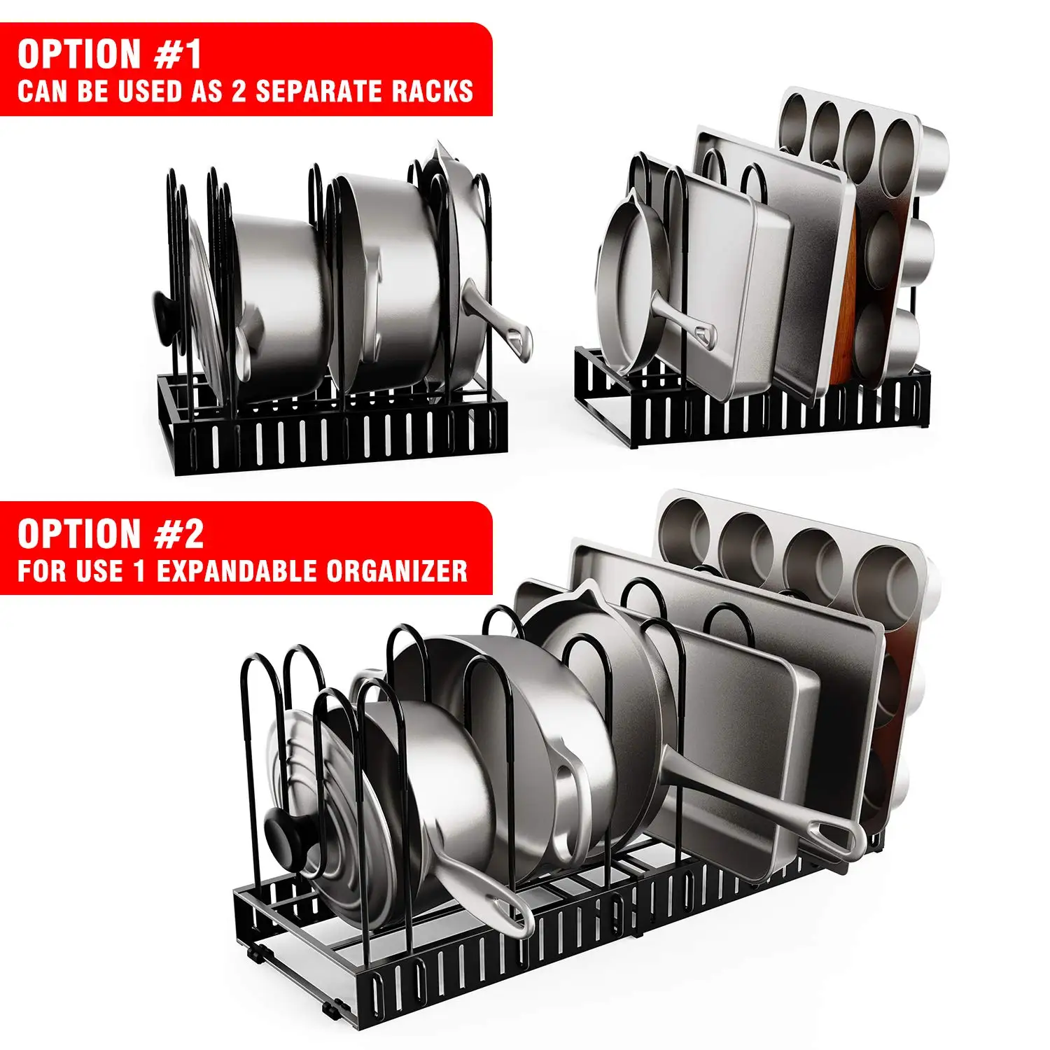 Pot Organizer Rack Cabinet Adjustable Expandable 8+ Pans Pots Lid Organizer Rack Holder Cabinet Pantry Countertop Bakeware