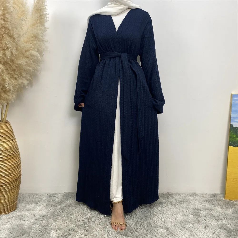 Open Muslim Abaya Knitted Elegant Loose Muslim Robe Pocket Cardigan Islamic Prayer Skirt Ramadan Islamic ClothingMU-955