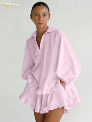 Clacive Fashion Loose Pink Stripe Shorts Set 2 Piece Woman 2025 Elegant Long Sleeve Shirt With High Waist Ruffle Shorts Set