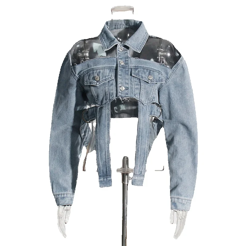 Street Style Irregular 2024 New LapeL With Personalized Design, Hollowed Out Lace Up Denim Jacket For Women's Clothing