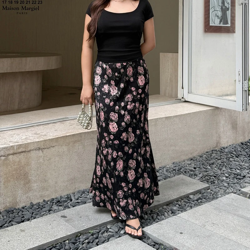

2026 Summer Plus Size Women French Satin Rose Mermaid Skirt Diagonal Cut High Waist Split Hem Elegant Daily Curvy Ladies 9509