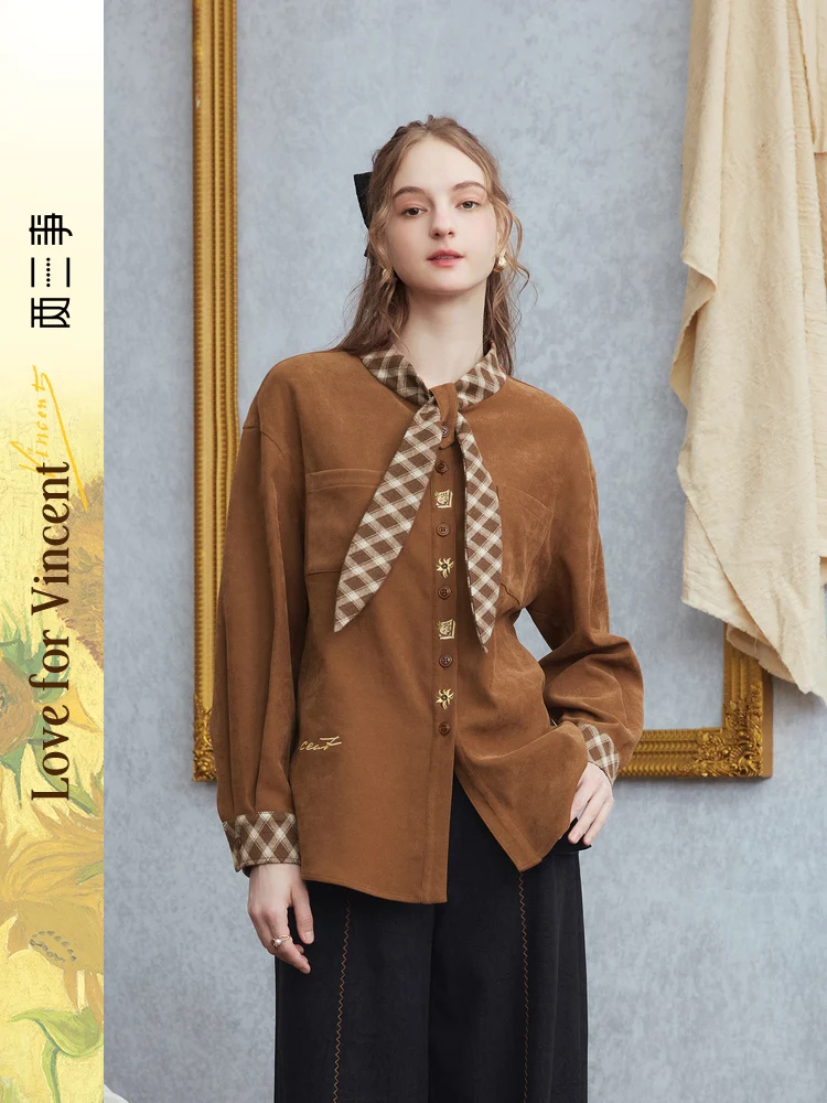 

Artistic Long Sve irt for Women with Embroidery Plaid Tie Design Polyester Fiber Vintage Sle Breathable Comfortable