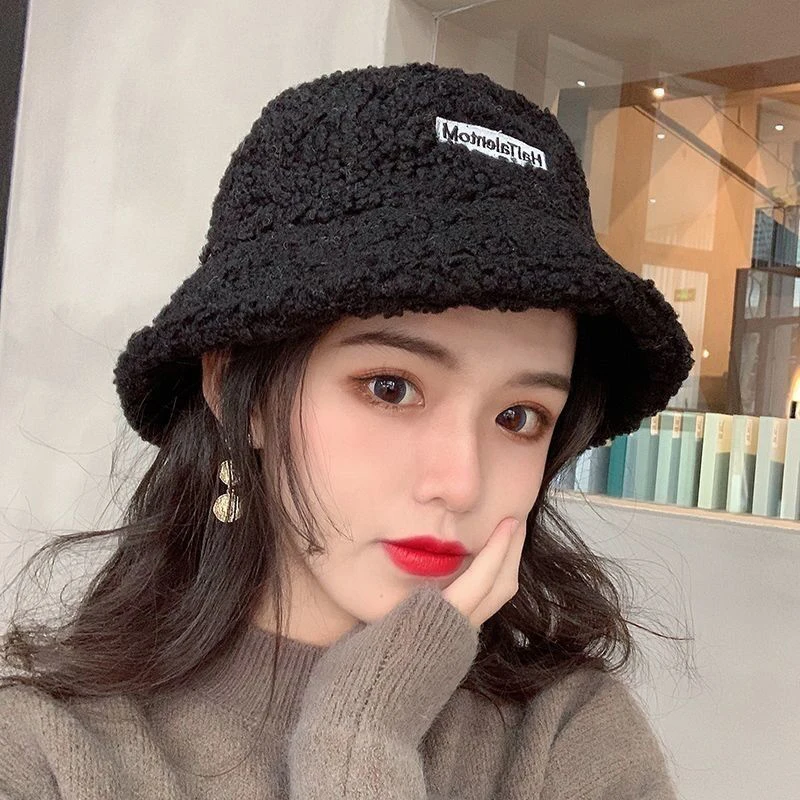 Winter Cute Cartoon Warm Plus Velvet Thickened Outdoor Lambskin Bucket Hat