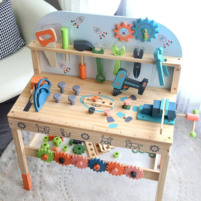 Wooden makeshift tool table for children's simulation maintenance workbench Training of baby's hands-on and brain skills