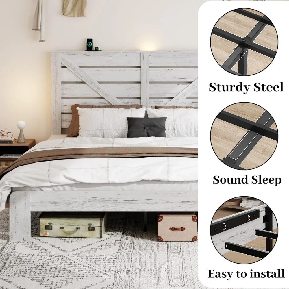 إطار سرير بحجم كينج مع لوح رأسي - منصة على طراز المزرعة مع أضواء LED وشحن USB بدون صندوق زنبركي سهل التجميع WhiteFram #3