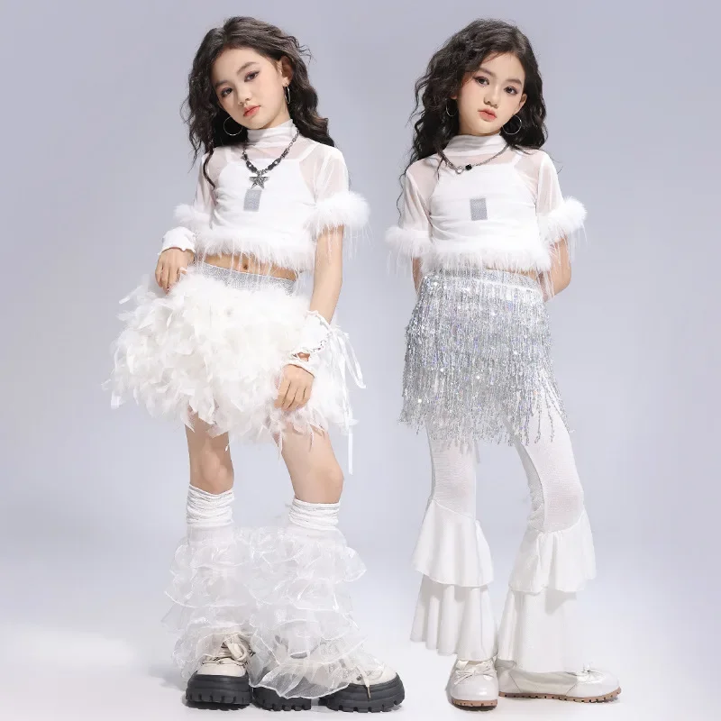 

Jazz Dance Stage Outfit Girl Kpop Dance Costume Summer Fashion Tops White Skirt Tutu Bell-Bottoms Performance Dancewear
