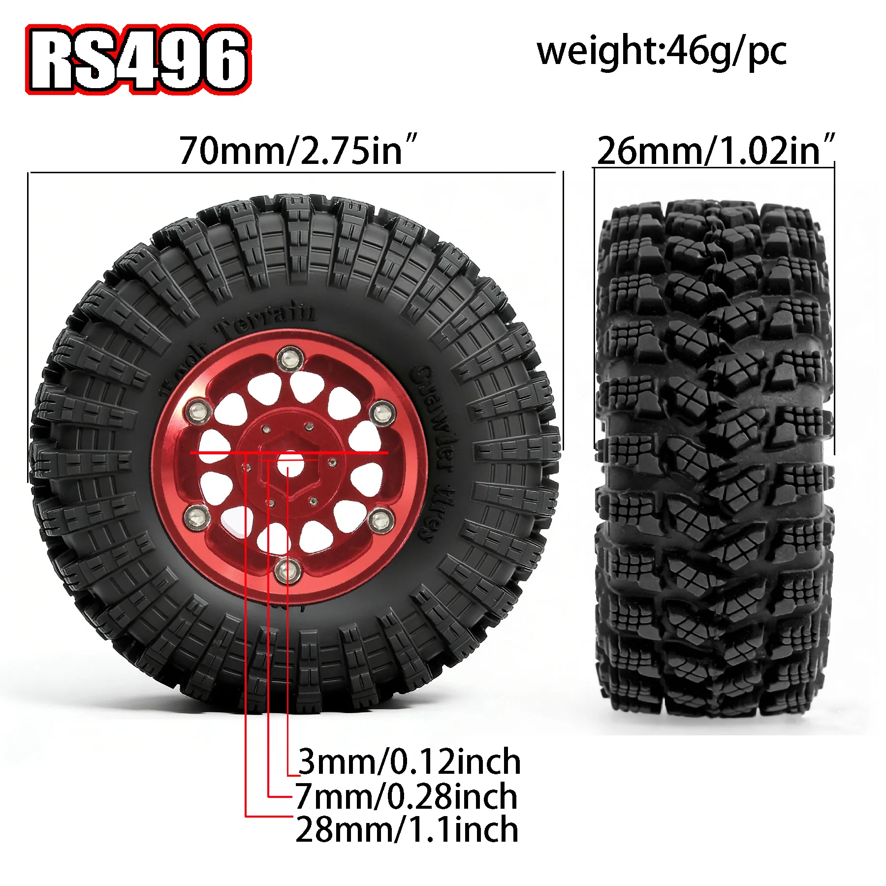 1.3 Inch Metal Wheel Rims & Mud Terrain Rubber Tires 4Pcs for 1/18 RC Truck RC  Redcat Ascent‑18 Replacement Modification Kits