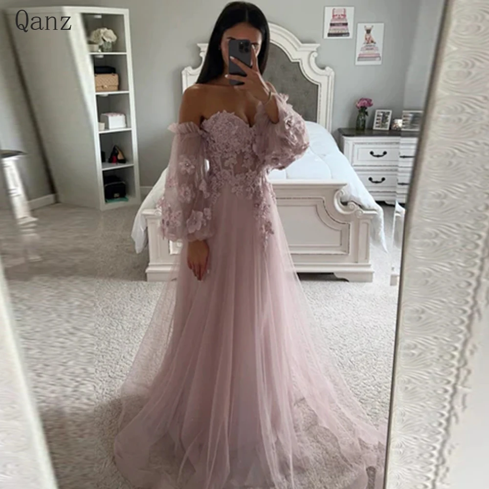 Qanz Roze Avondjurken Vestidos Para Mujer Gala Afneembare Mouwen Appliques Sweetheart A-Lijn Tule Galajurken Feestjurk