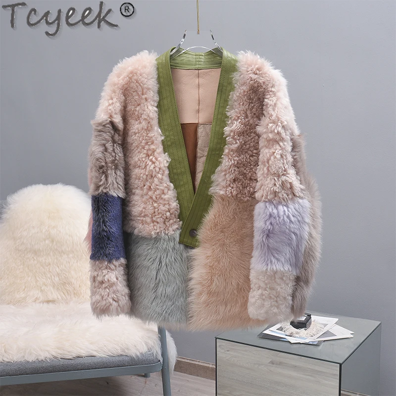 Tcyeek-Casaco de lã de cordeiro quente de inverno feminino, jaqueta fashion, casacos femininos, cor de contraste, roupas femininas, Lq