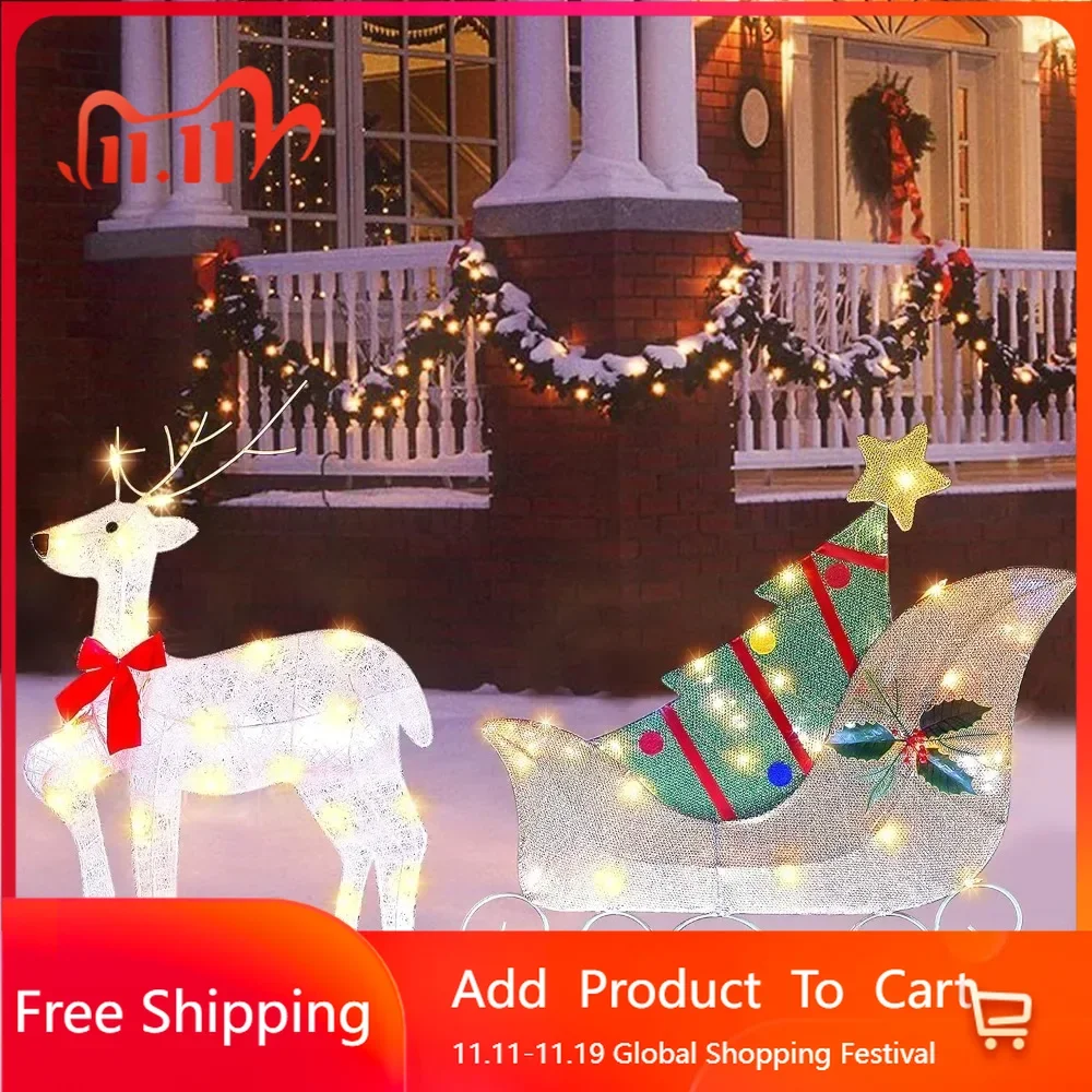 

Lighted Christmas Reindeer Sleigh Outdoor Yard Decoration, 50 Lights Christmas Deer Outdoor Decoration, Outdoor Lighted Holiday