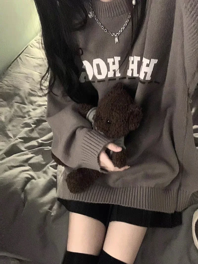 

Oversized Y2k Sweater Coat Vintage Fashion Tops 2025 Women Pullover O-neck Korean Sueter Pull Femme Letter Print Streetwear Knit