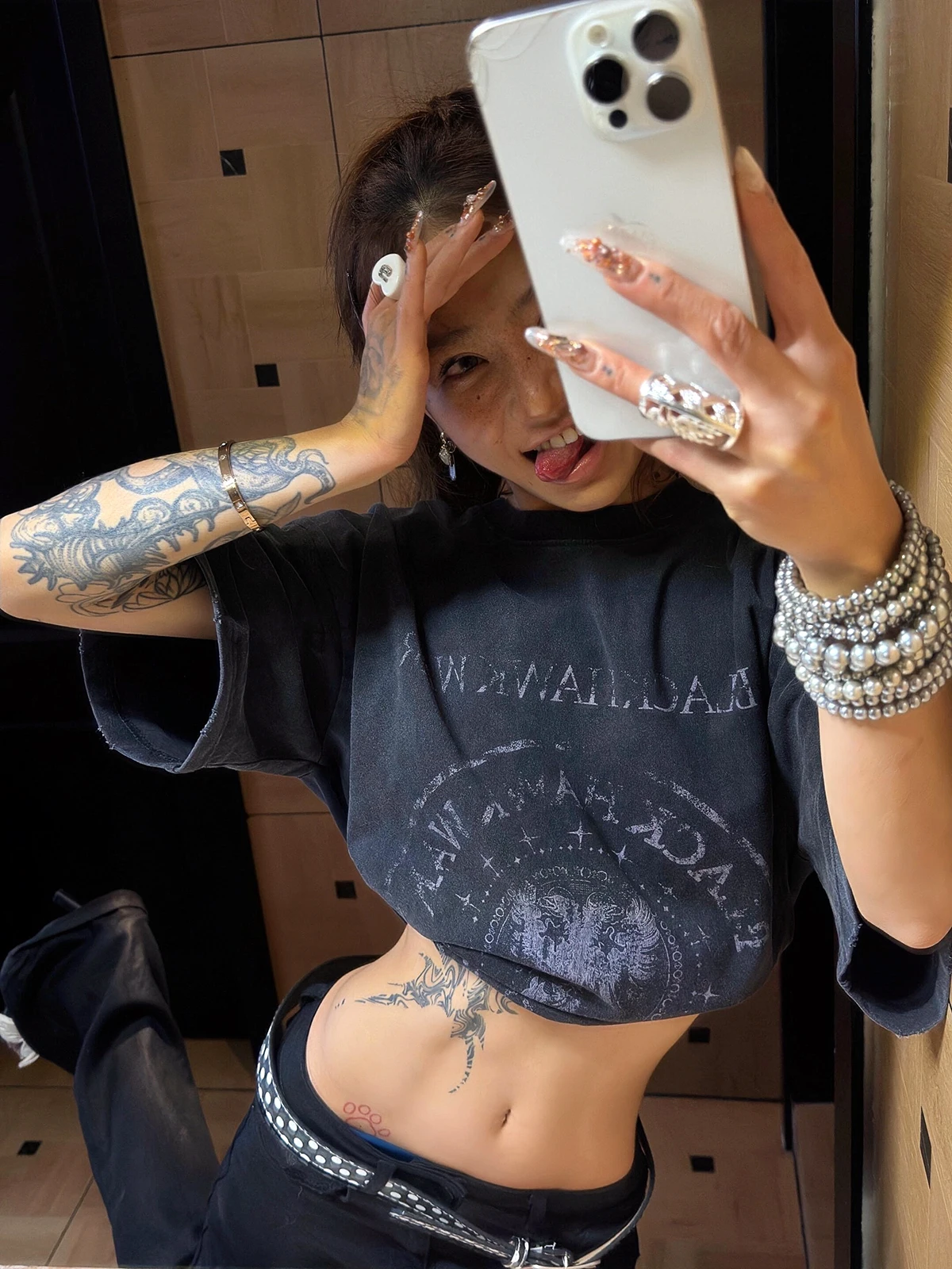 Sakura Retro Washed Print Letter Short Sleeve T-Shirt Pure Cotton Summer Lazy Cool Versatile Women's round Neck Cotton Top