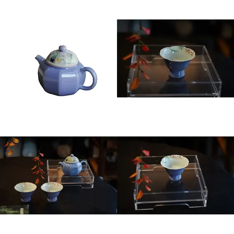 Quiet Floral Octagonal Porcelain Teapot Set Sky Blue Hand Painted Traditional Chinese Heat Resistant Eco Friendly Tea Set