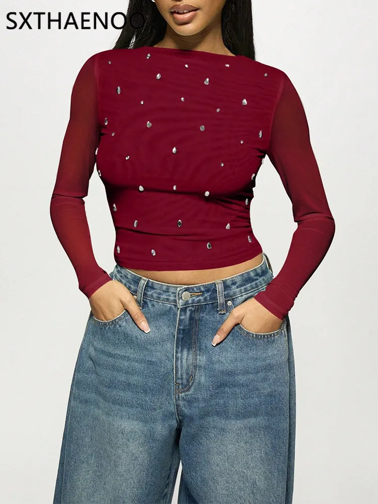 SXTHAENOO Women Mesh T-shirt Long Sleeve Short Double Layer Fashion Hot Diamond Pullover Top Hot Girl Nightclub High Street Tee