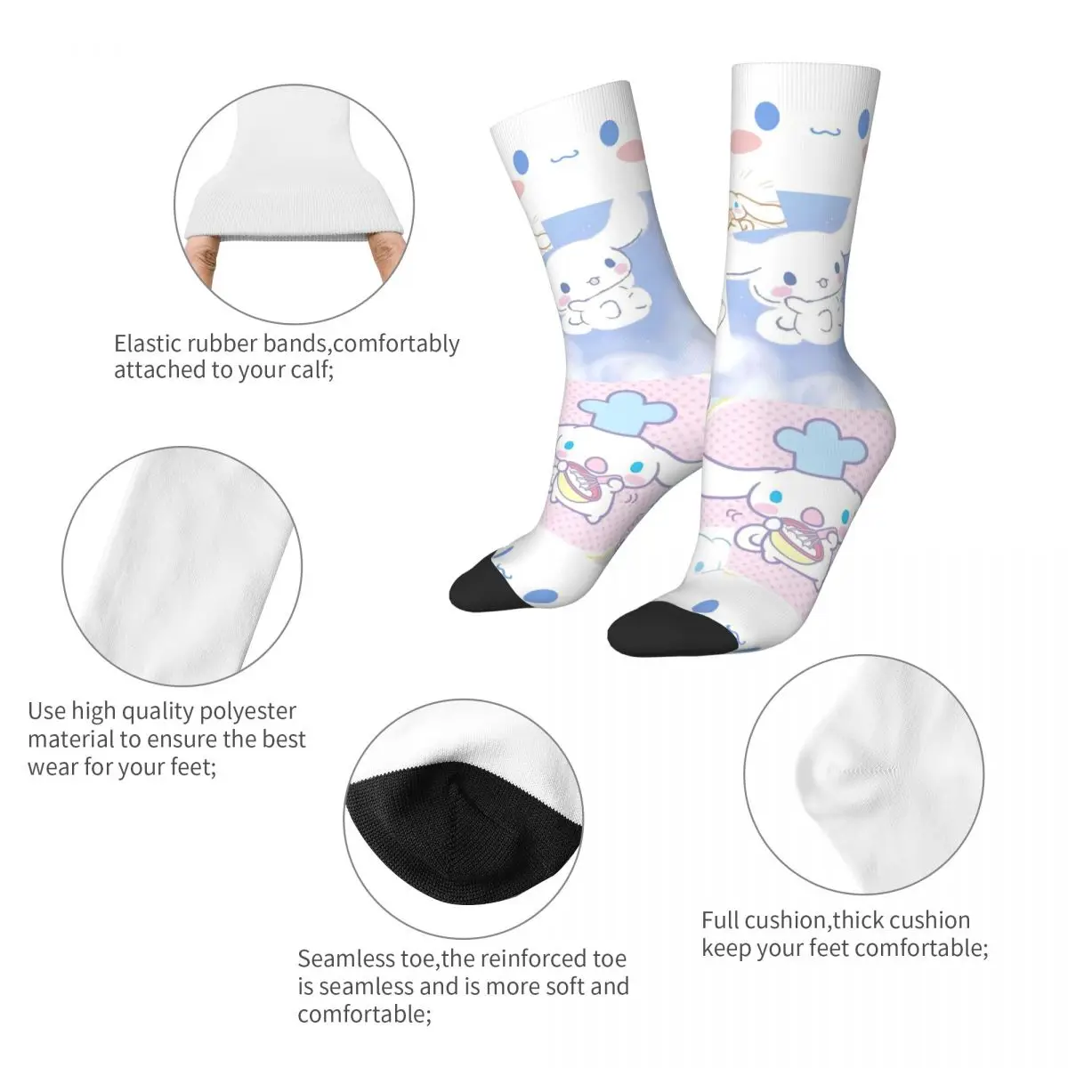 Chaussettes de collage Harajuku Cinnamoroll pour hommes et femmes, polyester, dessin animé mignon, chaussettes de sport, printemps, été, automne, hiver, nouveau