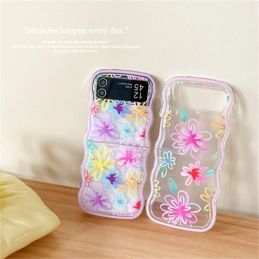 for Samsung ZFlip 5 6 Cartoon Colorful Flower Case for Samsung Galaxy Z Flip 5 4 3 ZFlip5 Transparent Wavy Painting Luxury Cover