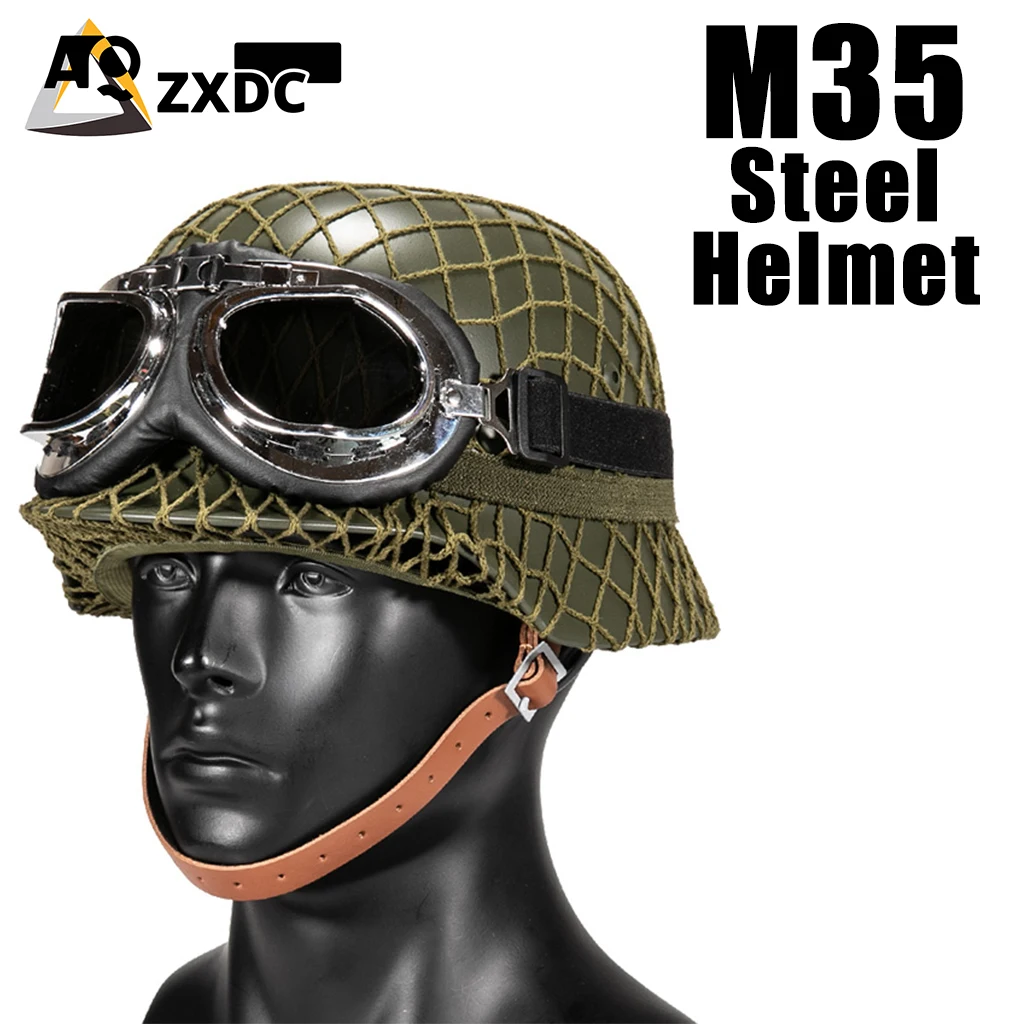 M35 tactical airsoft steel helmet with helmet mesh, Folding windproof glasses, luminous cat-eye strap, Three color options