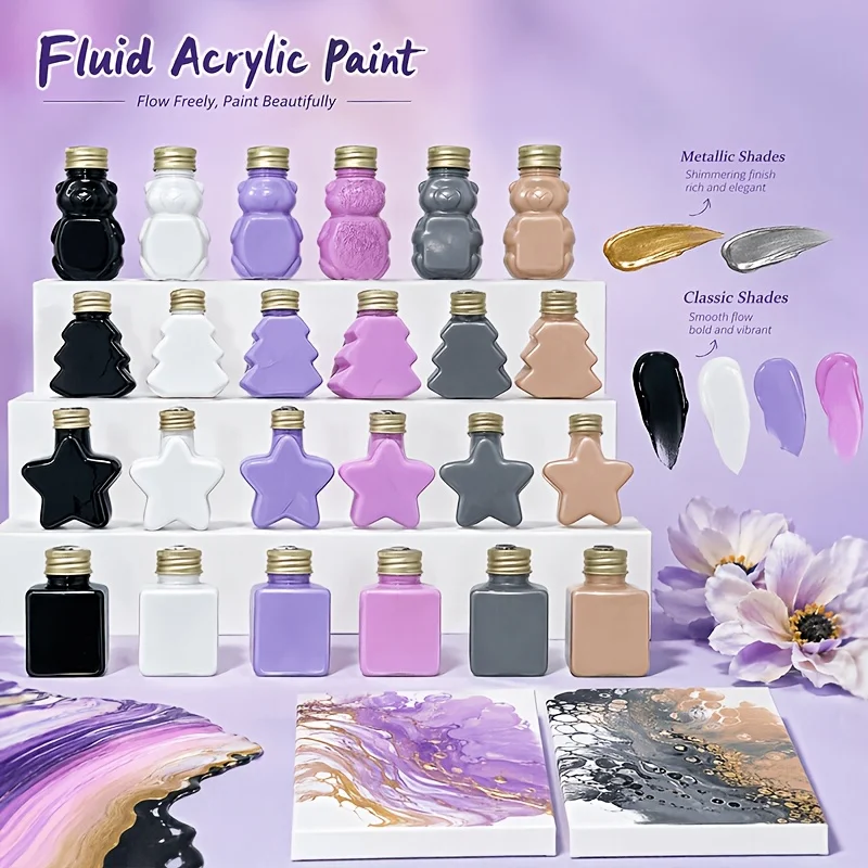 6‑Color 50ml/1.69oz Fluid Acrylic Paint Set, 4 standard + 2 metallic: Black, White, Violet, Rose Red, Gold, Silver. 4 unique shaped bottles. Pre‑mixed for smooth pouring, rich blendable hues, even glossy film. Great for textured decor crafts.