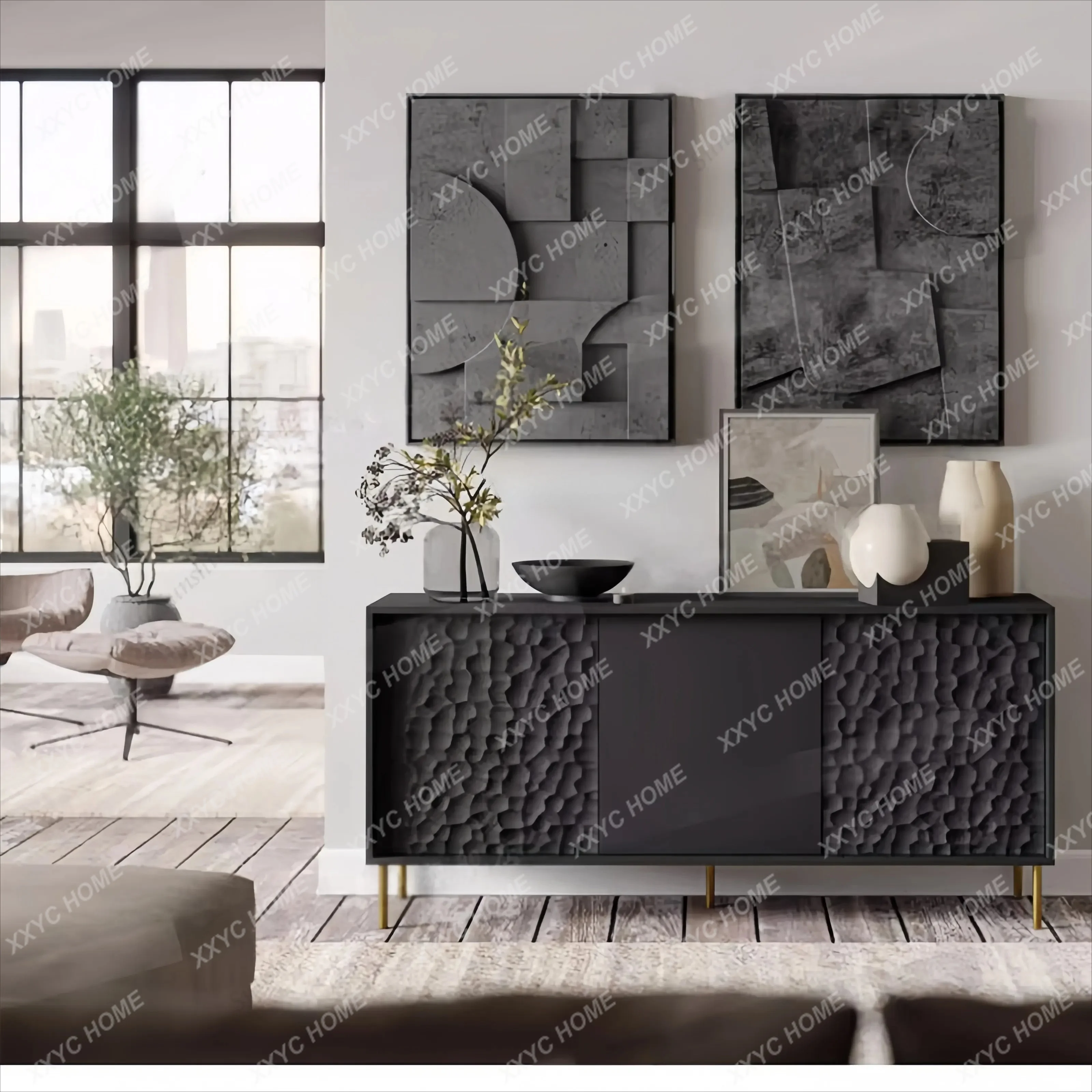 Modern simple side cabinet, household black locker, living room entrance cabinet