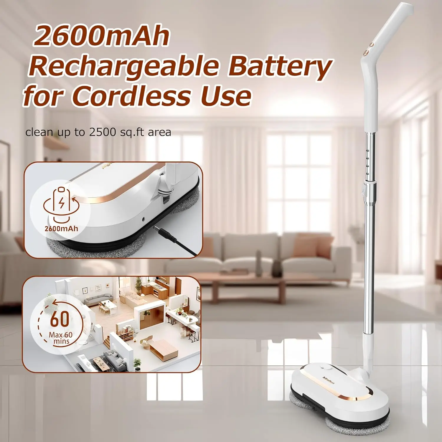 Electric Mop, S2 Cordless Spin Mop for Floor Cleaning, with LED Headlight and Sprayer/400ML Big Tank/60 Mins Runtime