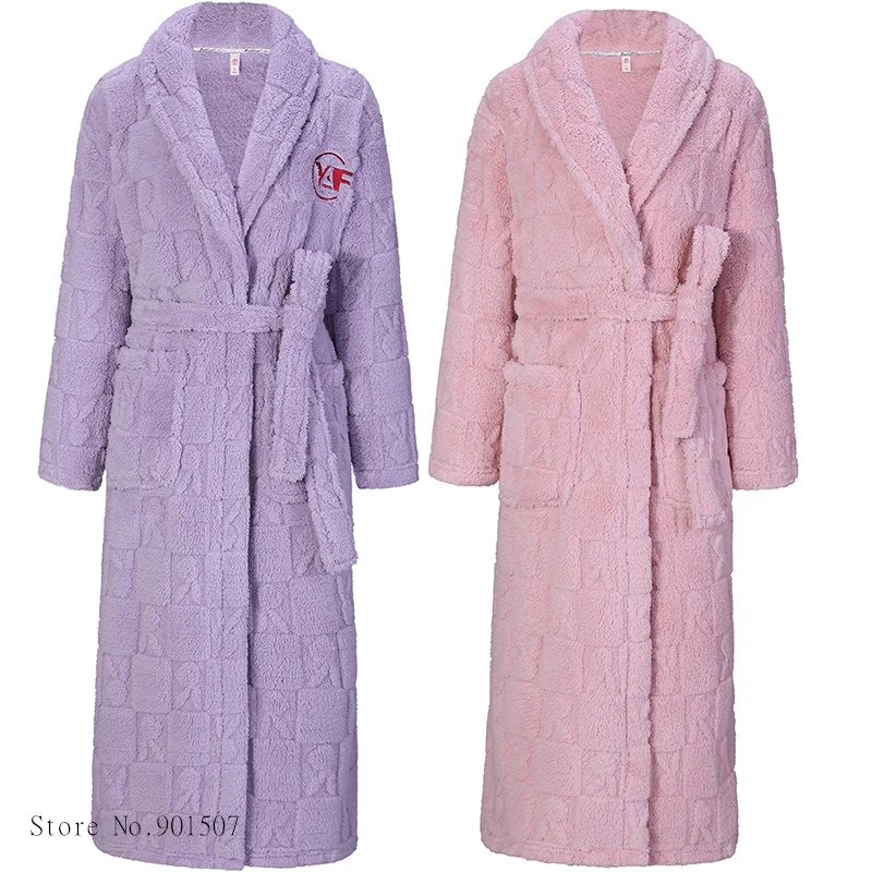 النساء والرجال سميكة طويلة Bathrobe ، دش كيمونو Robes ، الدافئة المرجان الصوف رداء ، لينة حمام ثوب ، حجم كبير 3XL ، الخريف ، الشتاء