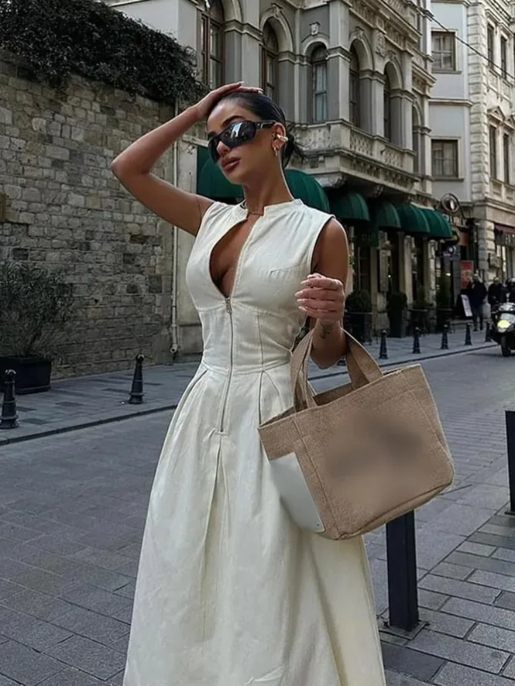Mode Mouwloze Hoge Taille Rits Maxi Jurk Vrouwen Elegante O-Hals Bodycon Vestidos 2024 Zomer Nieuwe Kantoor Dames Feestgewaad