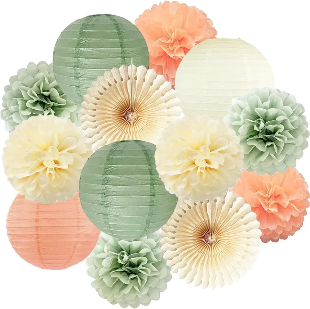 

​Sage Green Cream Peach Tissue Paper Lanterns Fans Pom Poms Folding Decor for Baby Shower Birthday Wedding Engagement​
