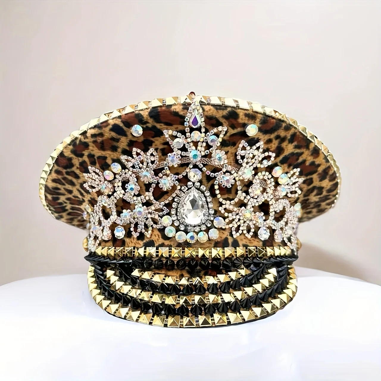 HongLuan Yellow Laser Leather Loop Captain Hat Rhinestone & Military Caps for Woman, Rave Festivals Accessories ＆ Party Cap Man