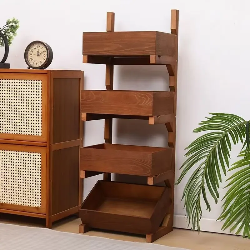 Four-layer all-solid wood multi-layer floor-to-ceiling wooden storage rack