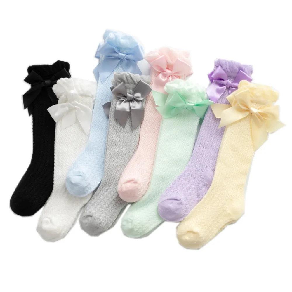 

Baby Girls Mesh Socks Summer Babies Knee High Socks Princess Bow Dess Sock Vertical Stripe Anti-Mosquito Sock