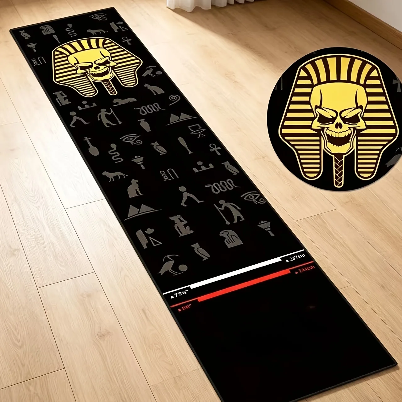 VIKAMA Egyptian Pharaoh Skull Dart Mat Hieroglyph Print Non Slip Throw Line Mat for Professional Darts Game Room Decor