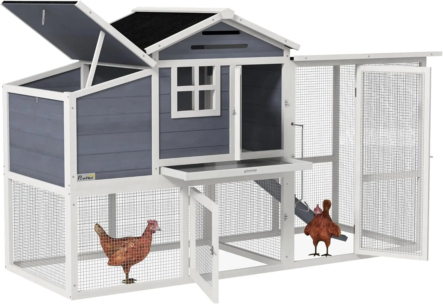 

76" Wooden Chicken Coop, Outdoor Chicken House Poultry Hen Cage with Outdoor Run, Nesting Box, Removable Tray and Lockable Door