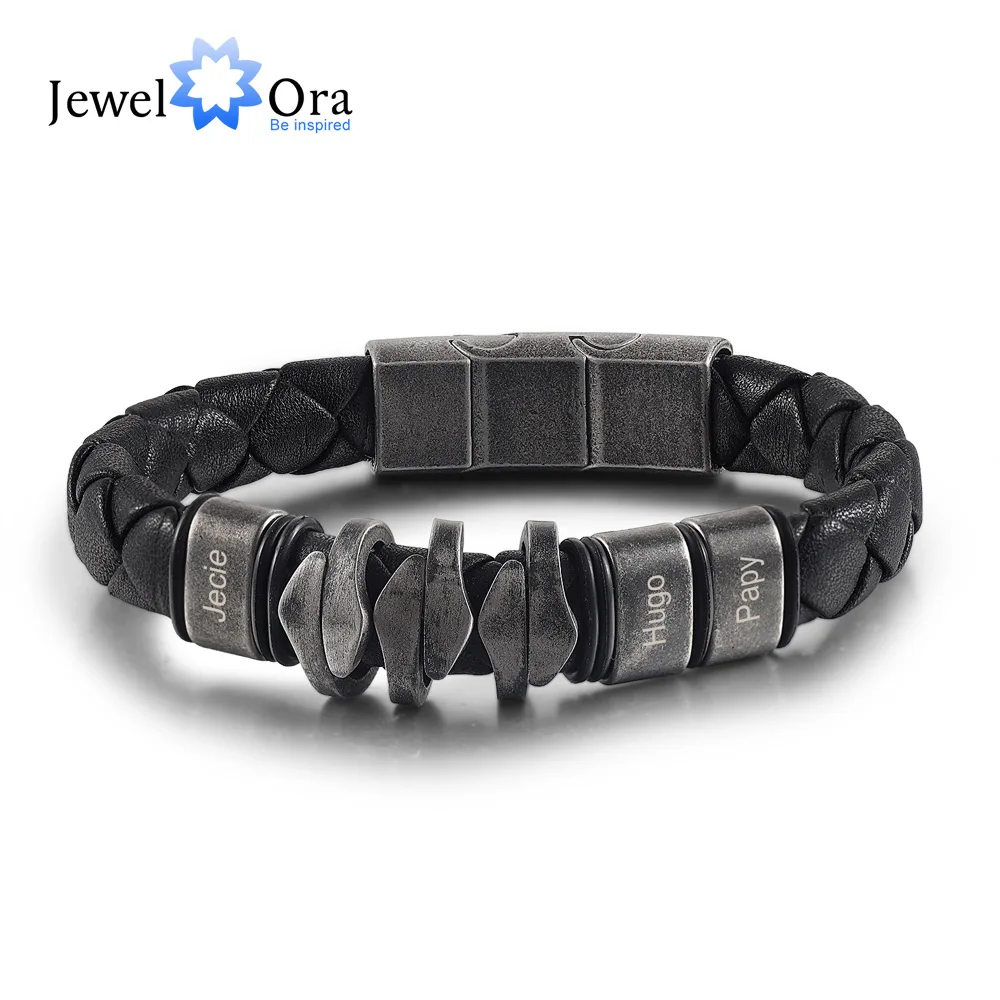 

JewelOra Personalized Engraved Names Men Bracelet with Custom Name 2-5 Beads Charms Black Leather Bracelets for Men Gift