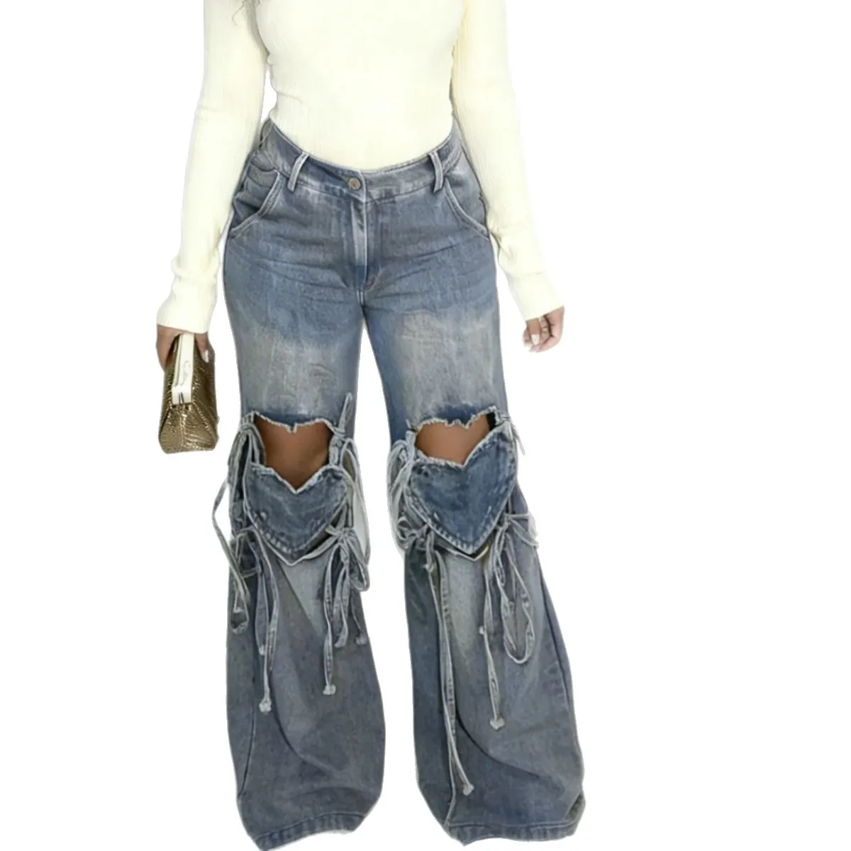 

Unique Design Heart Cut-out Jeans Women Sexy Lace-up Detachable Strap Denim Pants Washed Distressed Y2K Jeans