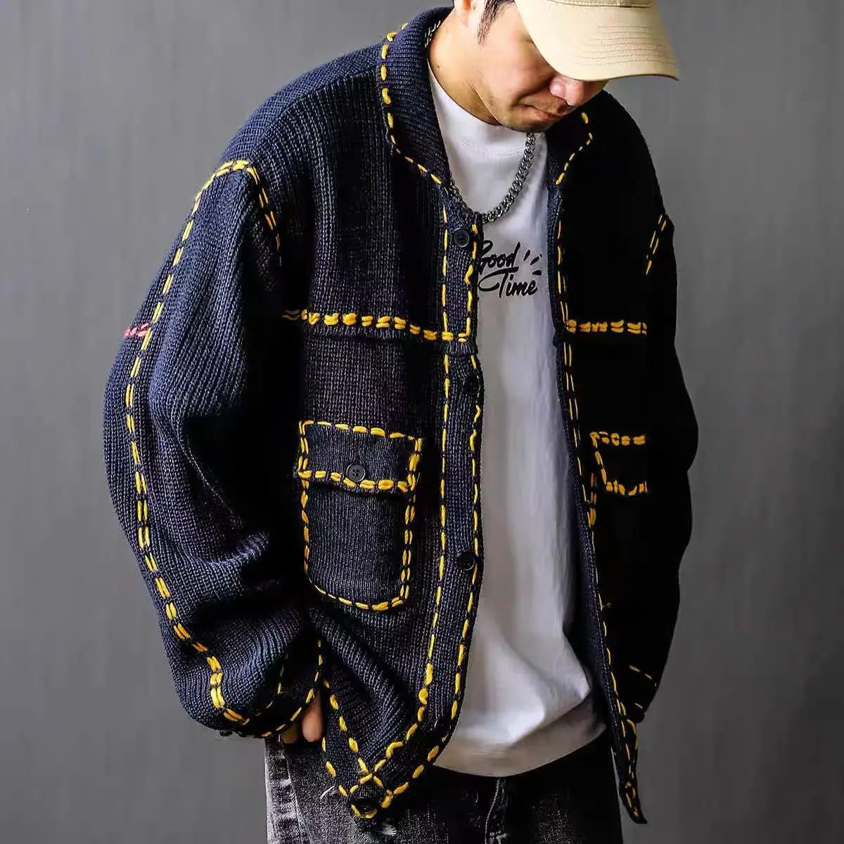 Spring Autumn American  Men's Jacket Korean Slim Coats Turn-down Collar Top Splicing Color Vintage Knitted Sweater For Male