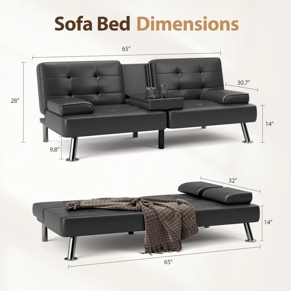 Sofá cama plegable convertible para sala de estar, silla para dormir, cojín de cuero artificial, Loveseat, con reposabrazos desmontables