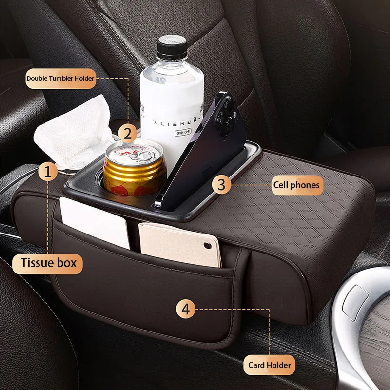 

Armrest Box Booster Cushion Universal Car Armrest Organizer With Cup Holder & Tissue Box Storage Multi-Functional Console Pad