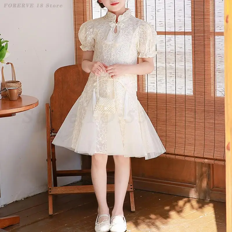 

Girls' Dress New Chinese Style Children's Hanfu Summer Sweet Princess Cheongsam Kids Mesh Qipao Evening Party Vintage Vestidos