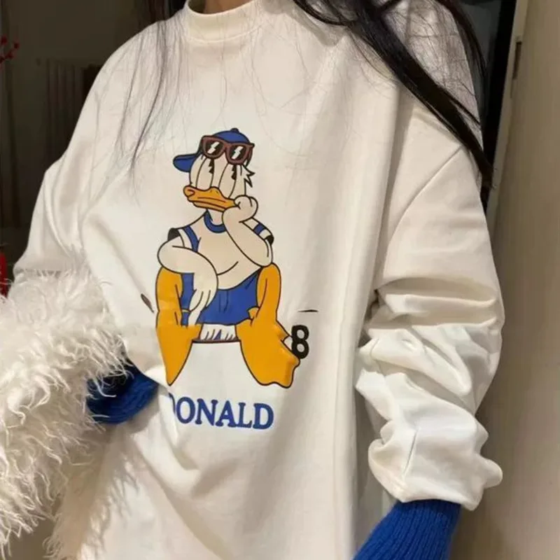 Disney Donald Duck Cute Cartoon Print Spring And Autumn New Style Korean Version Cotton T-shirt Women Loose Casual Versatile Top